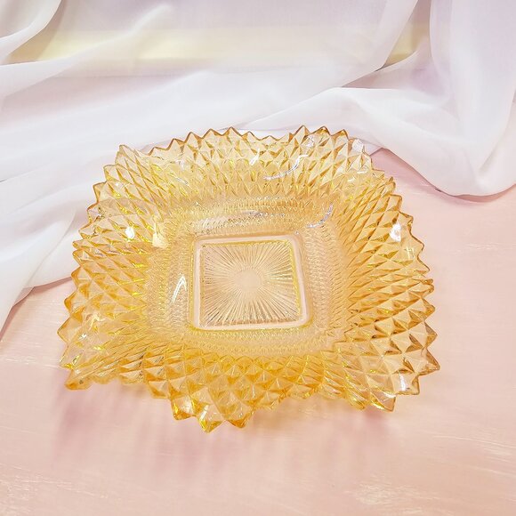 Peach Diamond Point Carnival Glass Ruffled Edge Candy Dish, Indiana Glass - Picture 1 of 8